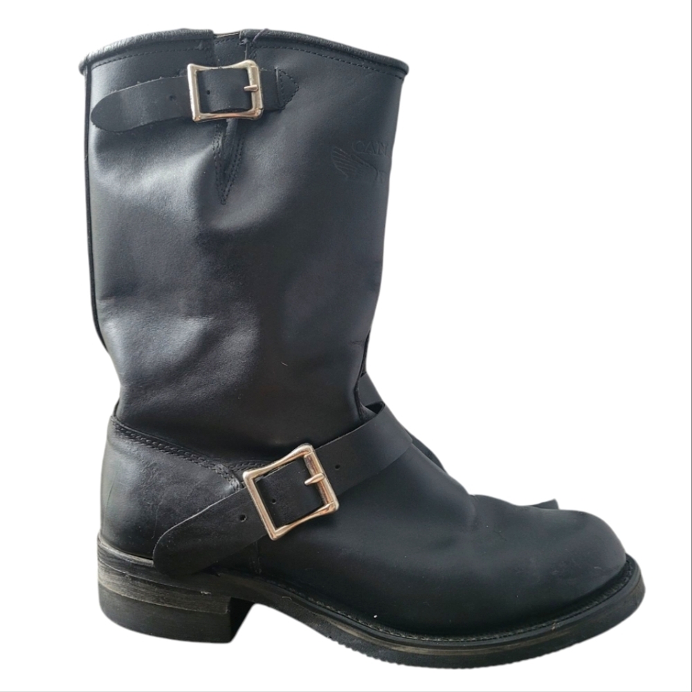 Black Men's Leather Engineer Boots - Classic Buckle Design
